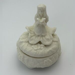 Vintage White Ceramic Trinket Box with Fairy Figurine